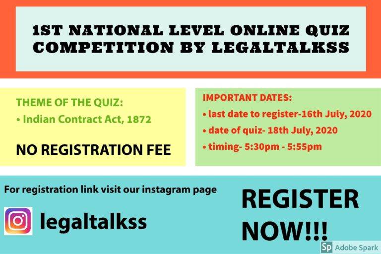 1ST NATIONAL LEVEL ONLINE QUIZ COMPETITION ON CONTRACT LAW BY LEGALTALKSS - NO REGISTRATION FEE- REGISTER BY JULY 16