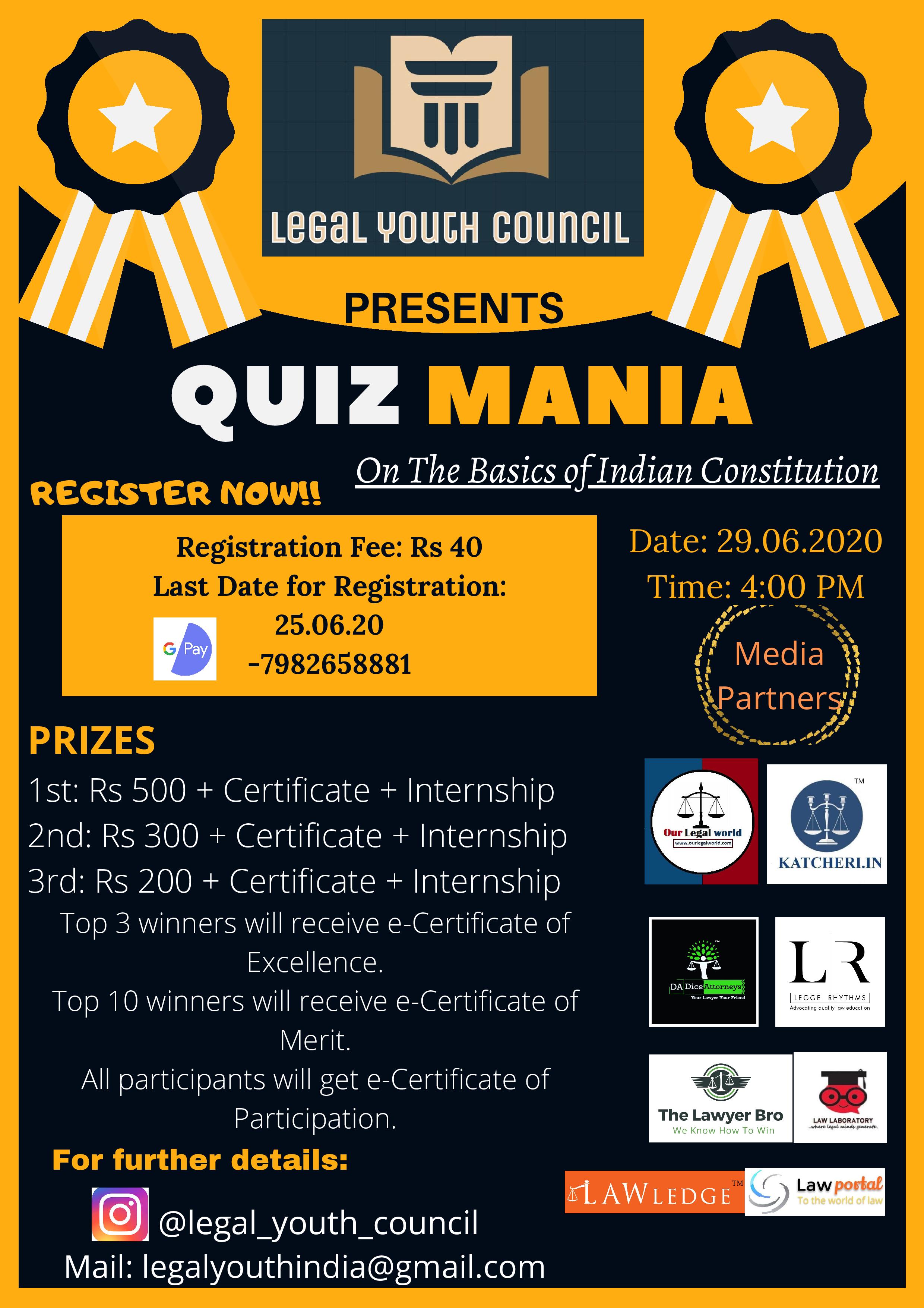 LEGAL YOUTH COUNCIL'S QUIZ COMPETITION ON THE BASICS OF INDIAN CONSTITUTION