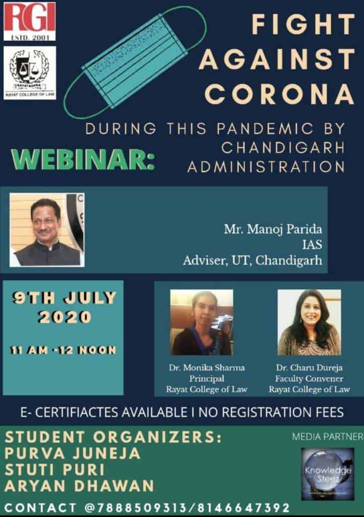 WEBINAR ON FIGHT AGAINST CORONA DURING THIS PANDEMIC BY CHANDIGARH ADMINISTRATION - Register by 9TH JULY 2020