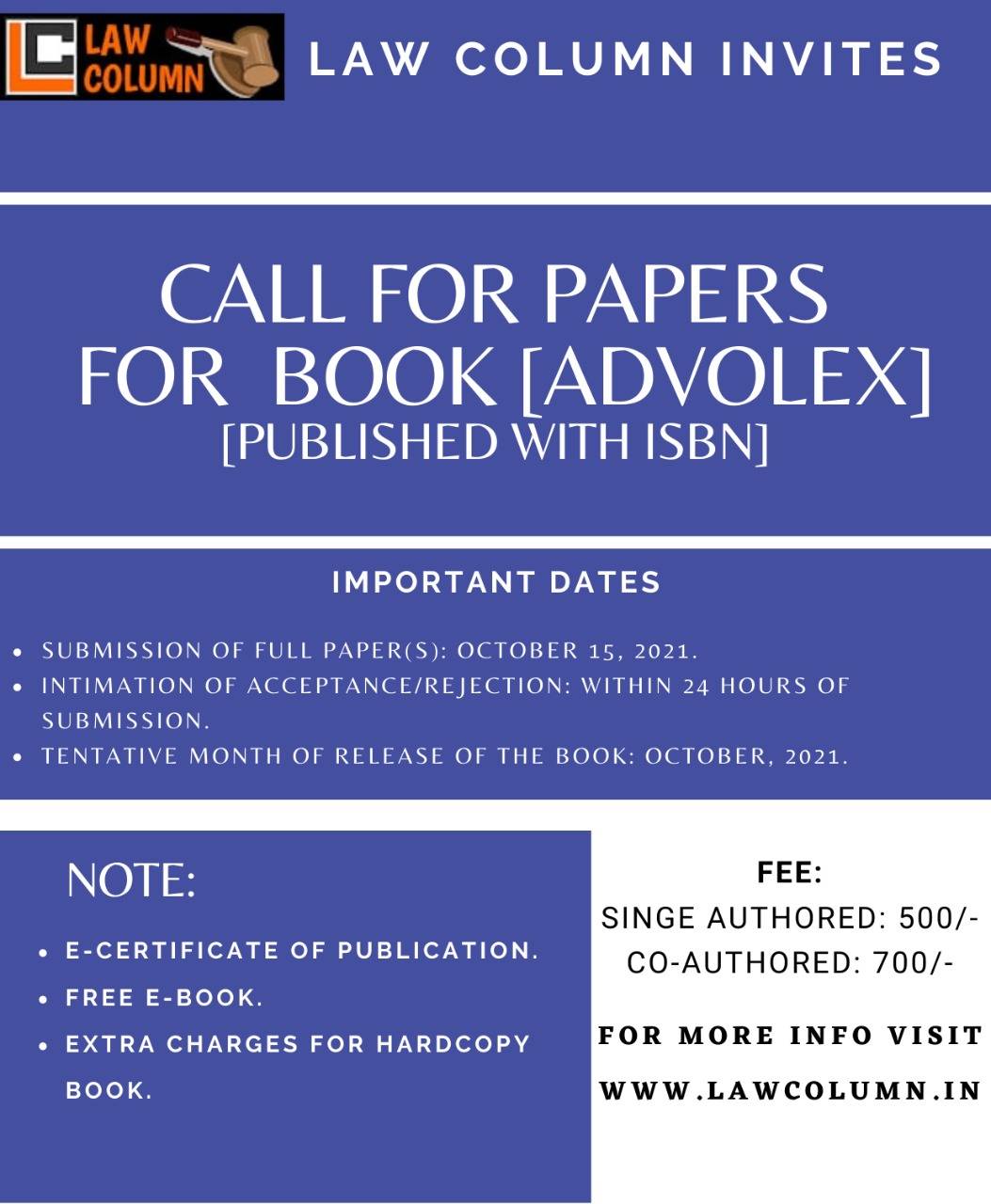 Call For Papers for book ‘AdvoLex by Law Column’ Published with Isbn : Submit By October 15, 2021